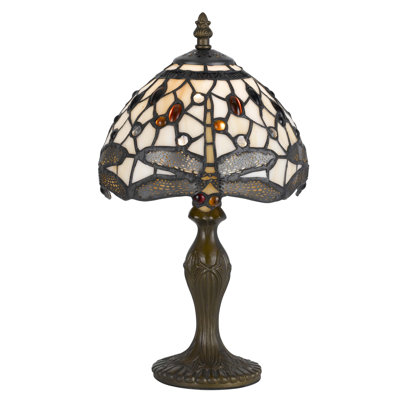 14" H Tiffany Zinc Cast Accent Table Lamp with Stained Glass Shade, Antique Brass Finish, E12, 40W
