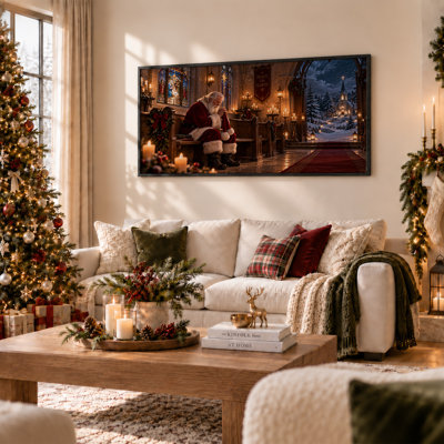 «Santa Claus Praying in Candlelit Church Christmas», art mural sur toile