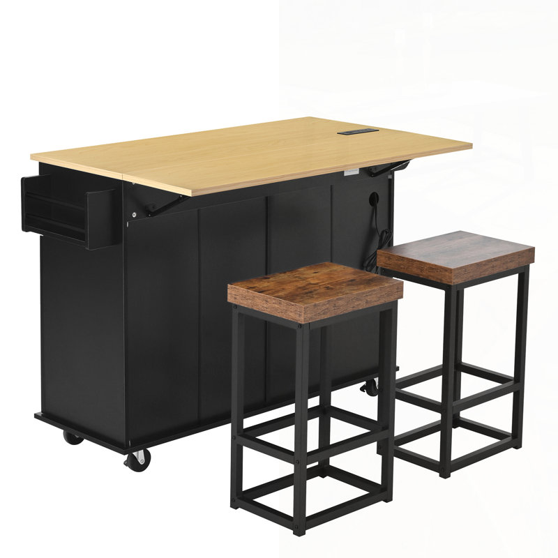 Farmhouse Kitchen Island With Drop Leaf And 2 Seatings, Ample Storage And Power Outlet For Modern Kitchens, Black