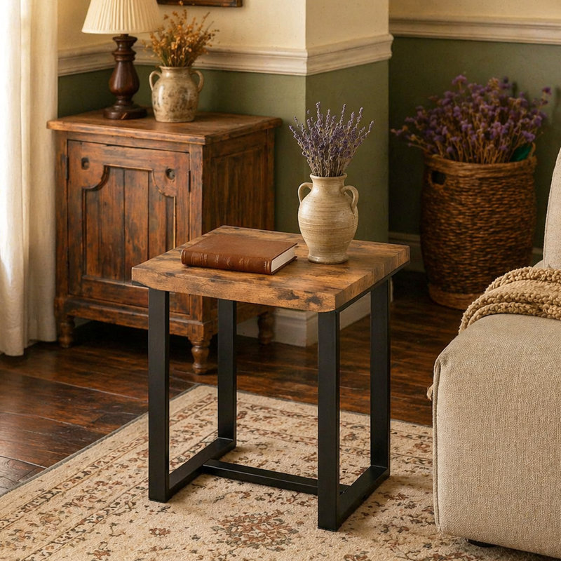 Table de bout, petite table à thé, table d'appoint avec pieds en métal, H 21,25 po x l 19,68 po x P 17,7 po, Noyer, noir