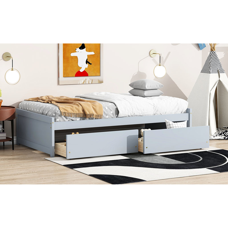 Twin Bed, 2 Drawers, Grey Solid Rubber Wood, Quiet Drawer Operation, Space - Saving Bed Design Wood Grey, Contemporary Style, Smooth Gliding Drawers