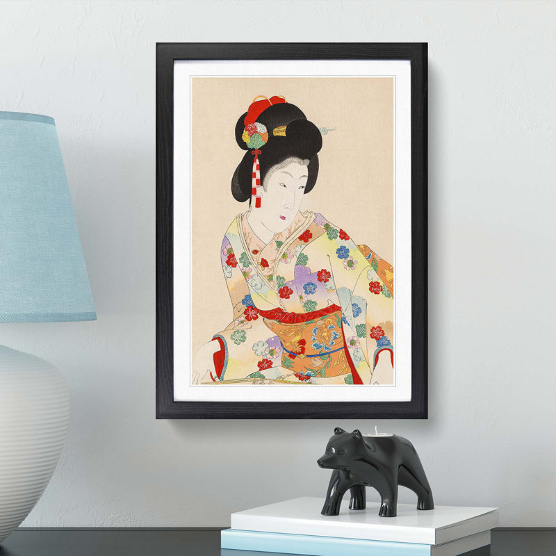 Woman in a Floral Dress by Toyohara Chikanobu - Picture Frame Painting Print, 48cm H x 36cm W x 2cm D, Black Framed