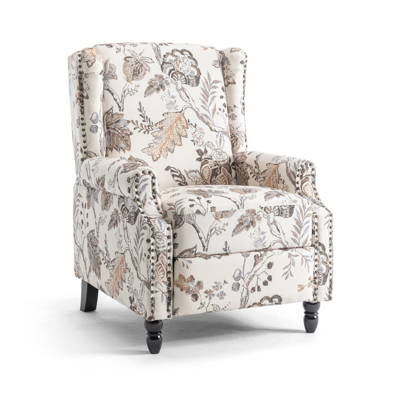 Ameiah 74 cm W Upholstered Wing Back Manual Push Back Recliner with Naihead Trims, Plants Beige Polyester