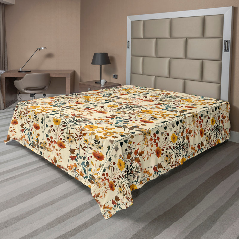Drap plat moderne de style bohème Ambesonne, Ambre / paprika / motif floral bleu ardoise