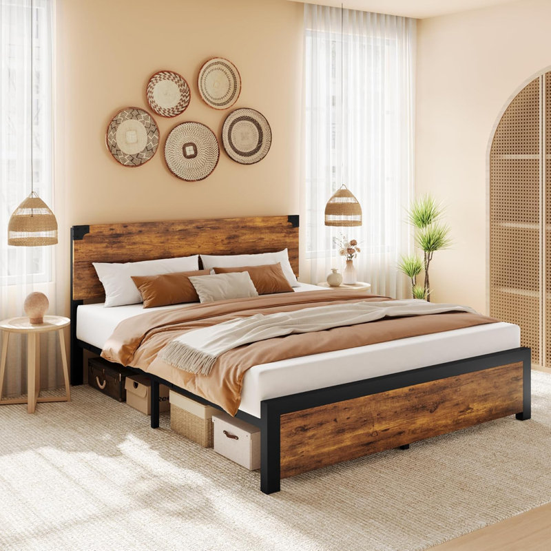 Bed Frame With Wooden Headboard, Under-Bed Storage And Metal Legs. Noise-Free Operation, No Box Spring Required, Full