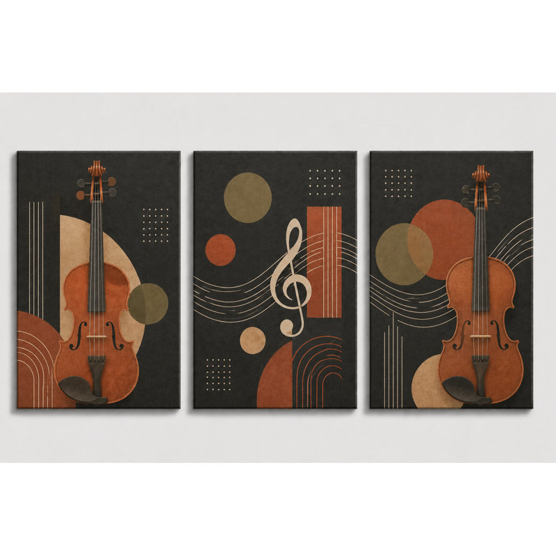 Grand ensemble de 3 reproductions d'art sur toile violon foncé, impression élégante d'instruments de musique pour studio studio, impression sur toile 16 x 24 pouces - prête à être accrochée