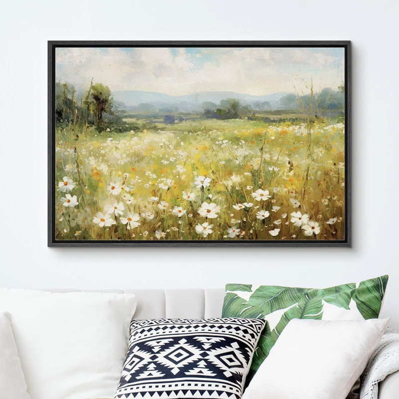«Vibrant Wildflower White Daisy Flowers Meadow», impression sur toile, Reproduction avec cadre flottant, H 24 po x l 36 po