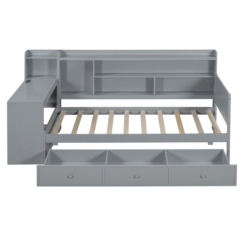 Lit de jour en bois avec 3 tiroirs, Gris, Lit simple