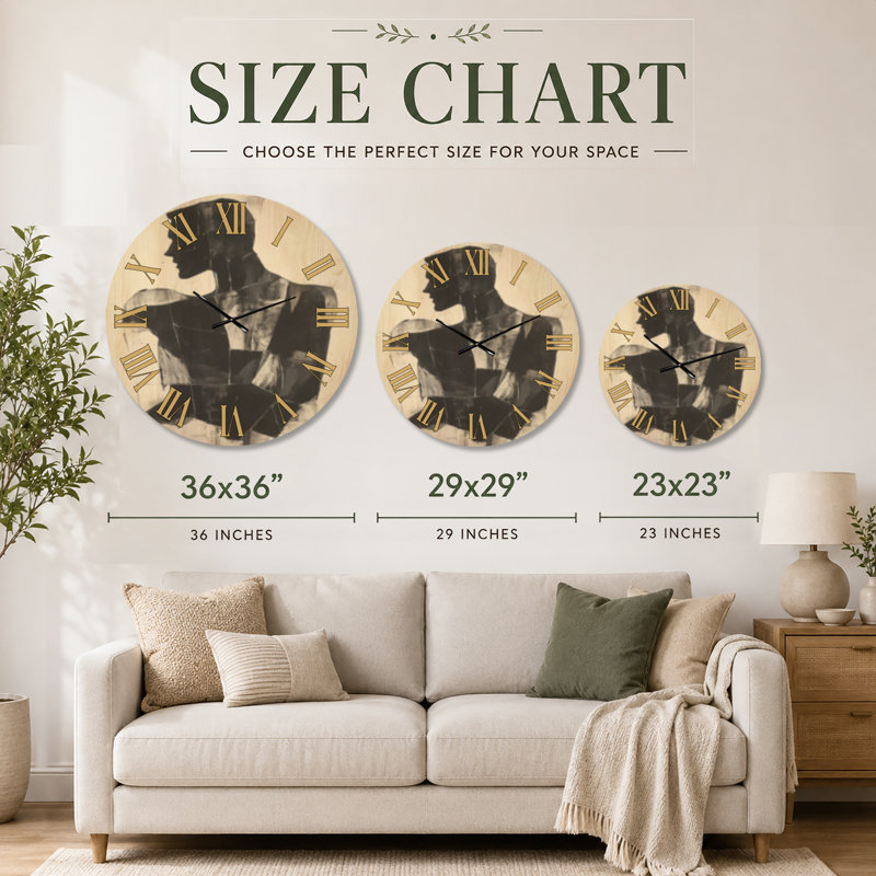 Horloge murale ronde moderne noire à motif silhouette fracturée, imprimée sur bois, Large