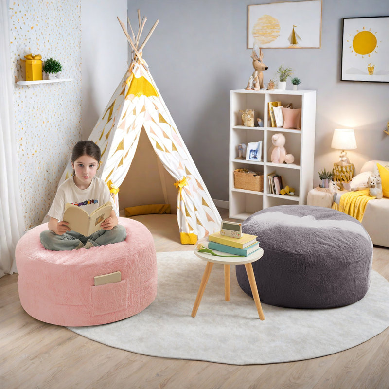 Fauteuil à billes convertible pour enfants, Fausse fourrure grise foncée