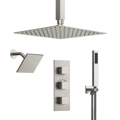 Ceiling Mount 12" Dual Rainfall Thermostatic Shower Faucet System with 6" Wall Shower and Handheld Spray