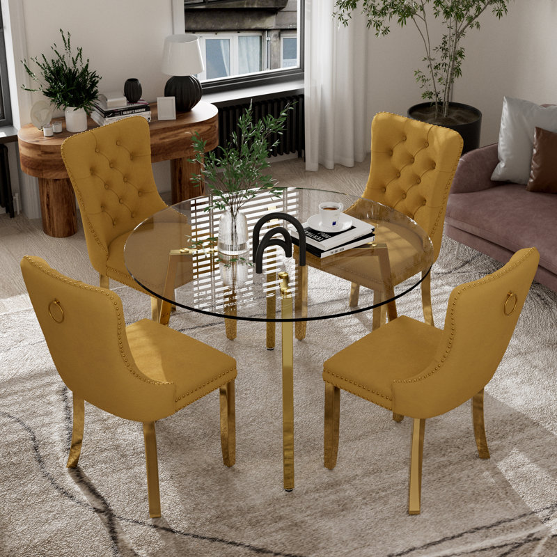Ensemble de table de salle à manger ronde en verre, Jaune, Doré, 5
