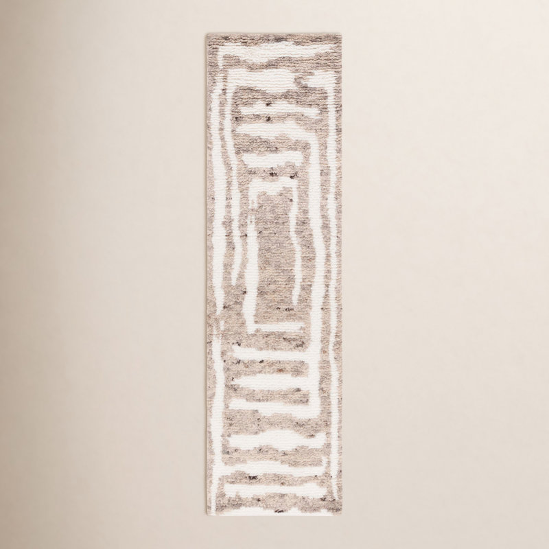Tapis ivoire / brun clair en laine fabriqué à la main Sandia, Tapis de couloir 2 pi 3 po x 8 pi