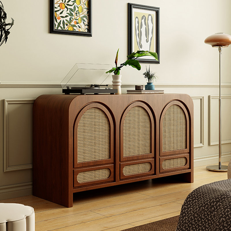 French Sideboard Rattan Solid Wood Vintage Storage Cabinet