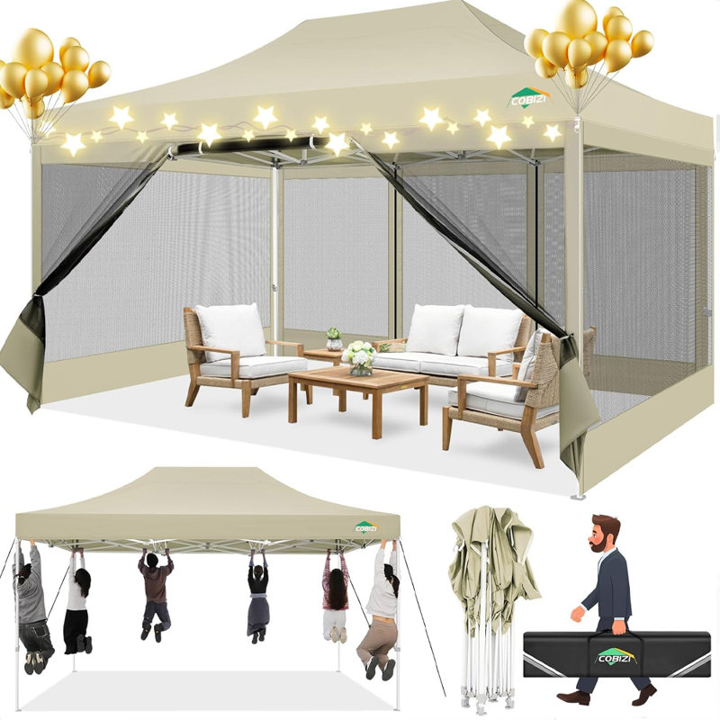 15 Ft. W x 10 Ft.DHeavy Duty Canopy Tent, Pop up Gazebo with Netting Screened, Khaki