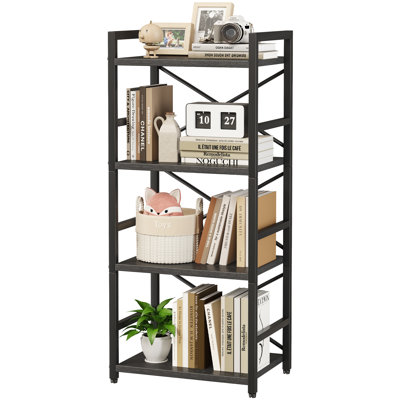Homeiju Bookshelf, 4 Tier Small Bookcase, Organizers and Storage, Metal Small Bookcase, Rustic Book Shelf Organization and Storage for Living Room, Bedroom, and Home Office(Black)