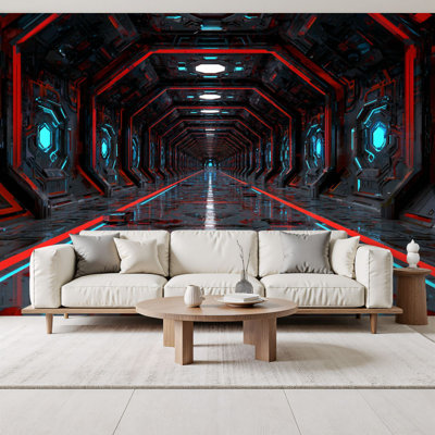 Futuristic 3D Peel and Stick Wallpaper High Tech Data Hub Geometric Panels Neon Edge Lighting Wall Murals 69"H x 96"W Removable PVC Wall Paper Self-Adhesive Wall Decor for Bedroom Living Room Play Room