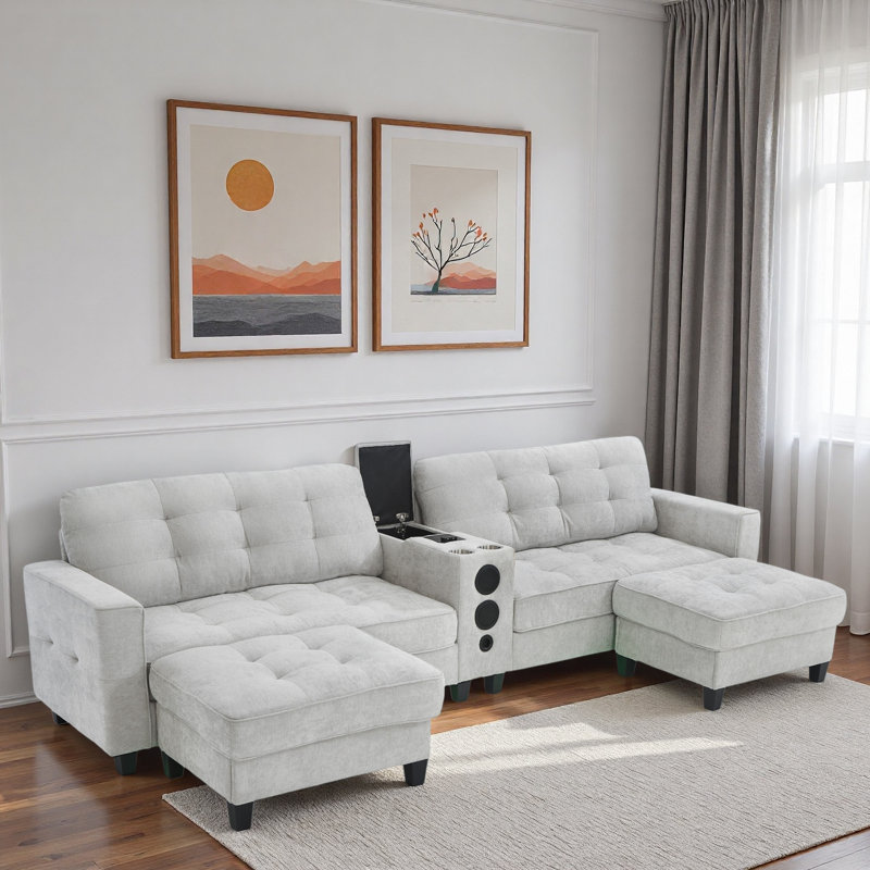 Canapé modulaire moderne en forme de U avec repose-pieds de rangement mobile, console multifonctionnelle, haut-parleurs Bluetooth et lumières à DEL