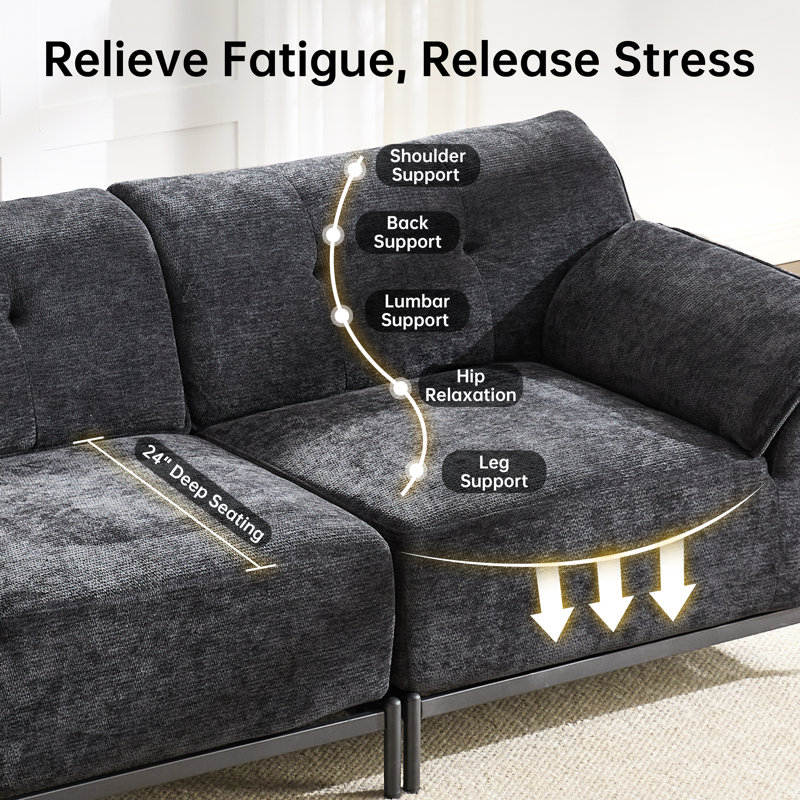 106.3" L-shape Sectional Sofa with Ottoman, Black Chenille