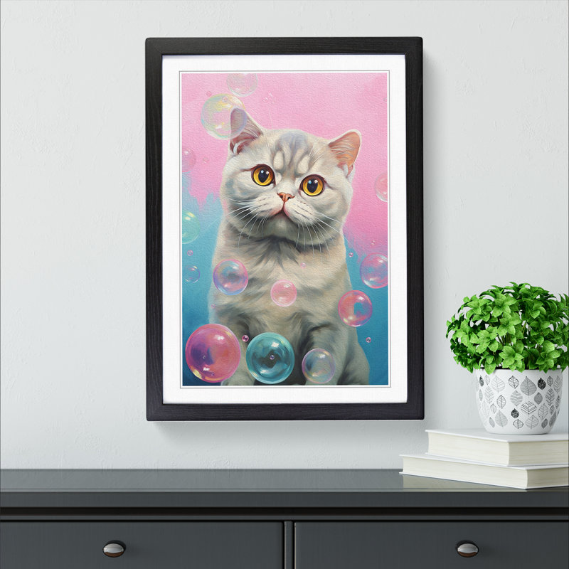 Cat Bubble Gum No.2 - Single Picture Frame Print on Wood, 64cm H x 46cm W x 2cm D, Black Framed