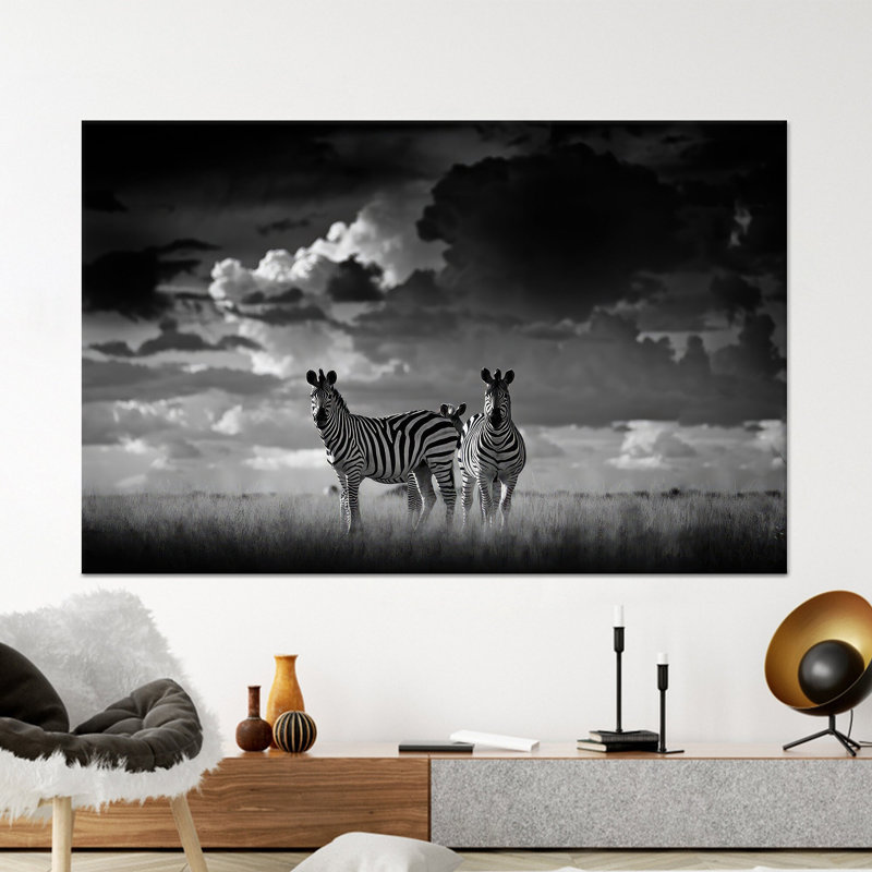 Élégant art mural en verre trempé Zebra Couple: toile imprimée Savannah africaine, 1P encadrée d'or, H: 11,9 po x l: 15,8 po