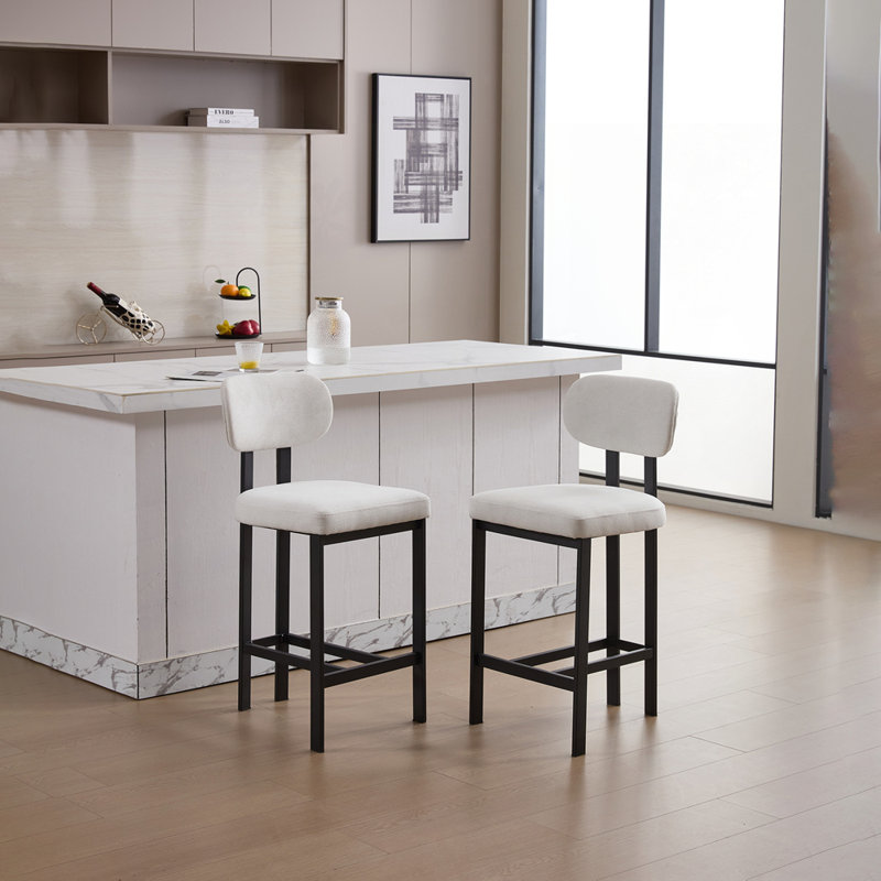 Set of 2 Upholstered Bar Stools with Sturdy Metal Legs for Various Spaces, Cream