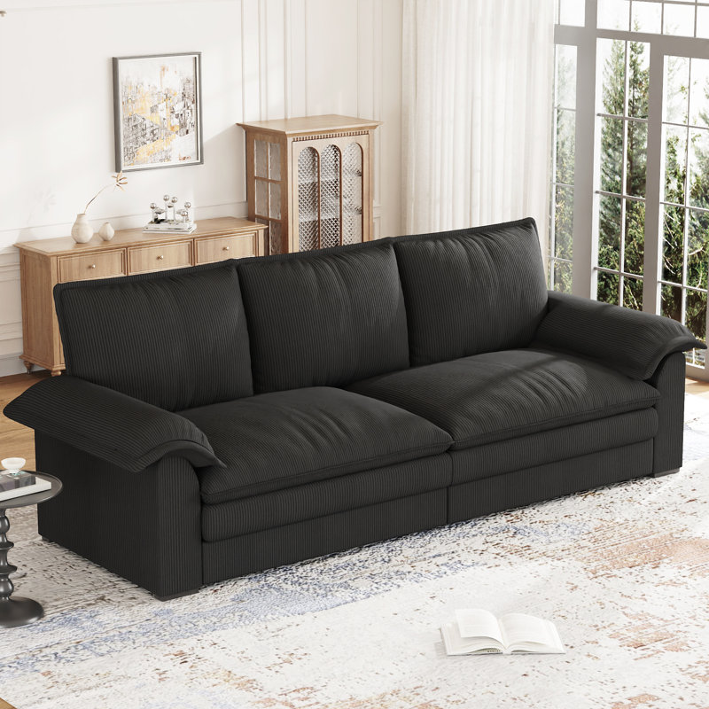 Modern Oversize Sofa 265cm Corduroy Sofa with 4 Seats No Tool Assembly Multi-Layered Cushion, Black