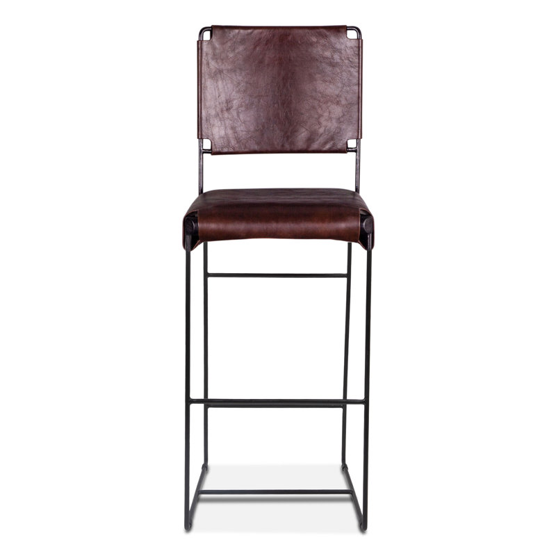 Kaim Upholstered Counter Stool with Metal Frame, Genuine Leather-Dark Brown