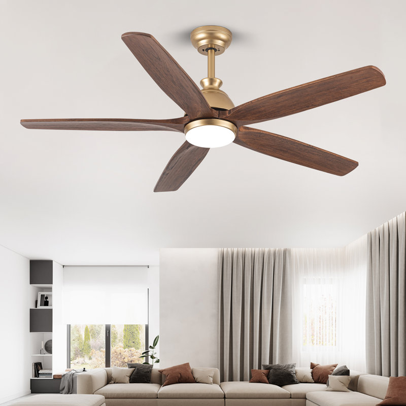 Lovonza Modern Indoor Ceiling Fan 5 Blade LED Light Remote Control Soft Brass Finish Brown Walnut Finish Blades Bedroom Patio Living Room Kitchen 