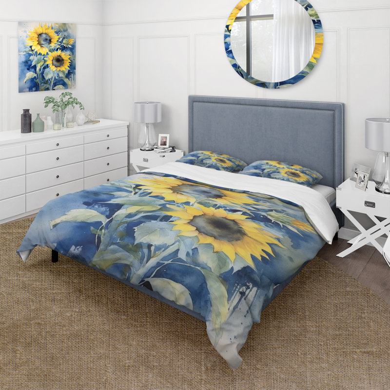 Ensemble de housse de couette jaune / bleu / tournesol doré en microfibre / polyester