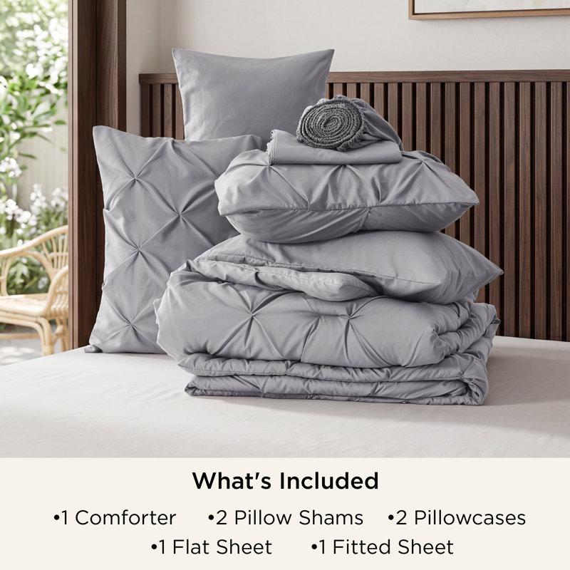 Bedsure Oversized King Burgundy Pintuck Bed-in-a-Bag - Gray Pinch Pleat Comforter Set with Sheets, Pillowcases & Shams (Set of 7)