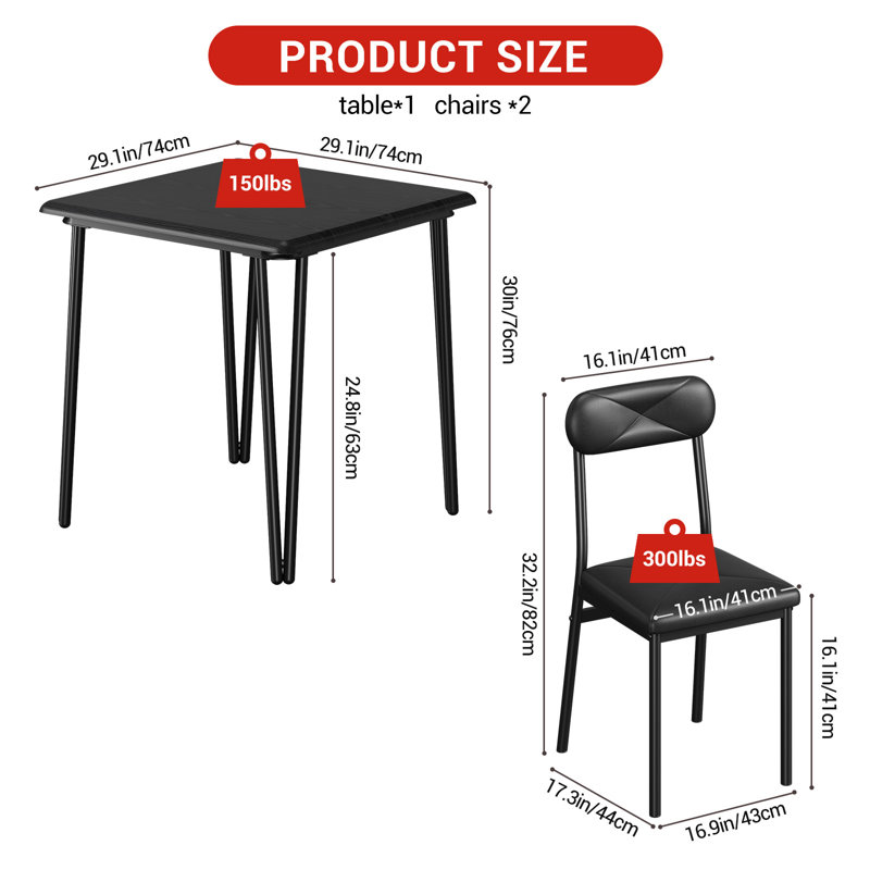 Ensemble de table de salle à manger 3 pièces, table de cuisine carrée et chaises rembourrées pour 2
