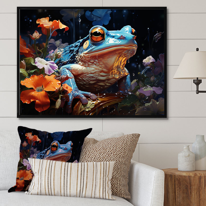 «Blue Frog on Glass Effect», reproduction sur toile, Cadre flottant noir, H 34 po x l 44 po x P 1,5 po