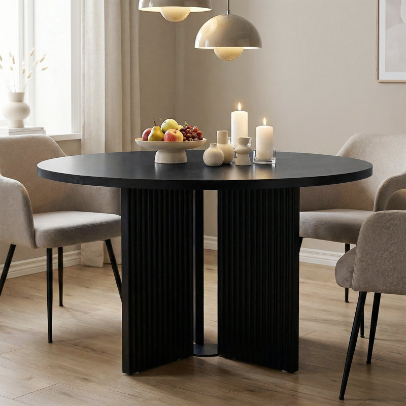 47.2" Mid-Century Modern Round Dining Table with Fluted 4 Legs Base, Black Wood Texture, Black