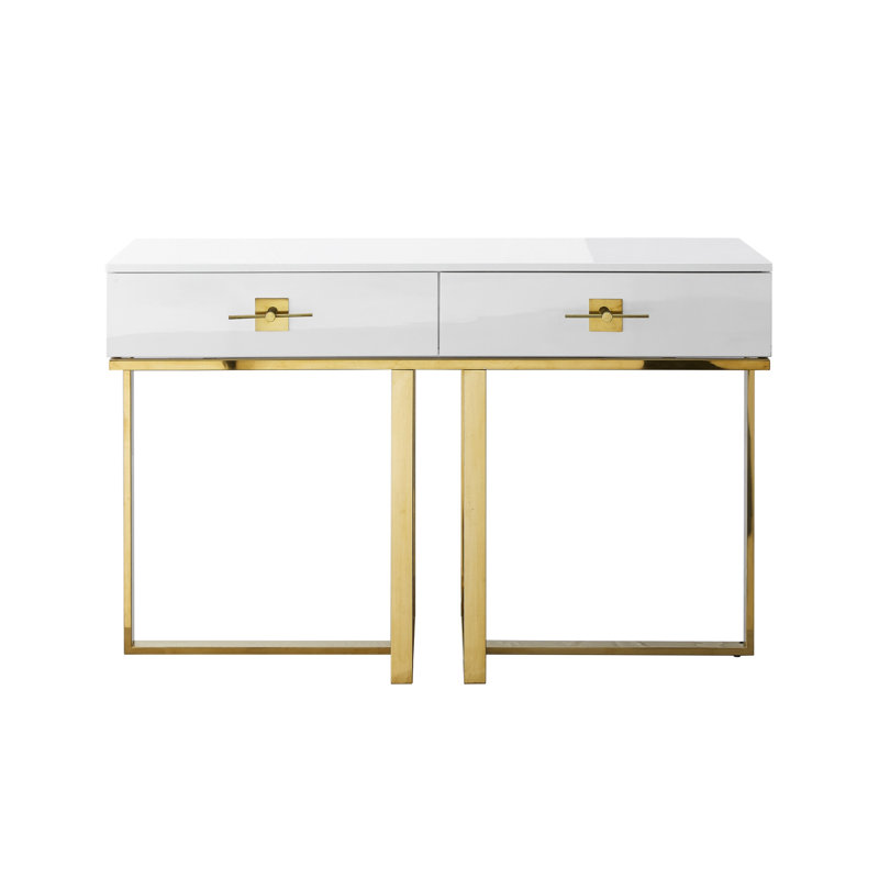 Table console traîneau de 47 pouces en bois blanc et acier inoxydable doré avec deux tiroirs