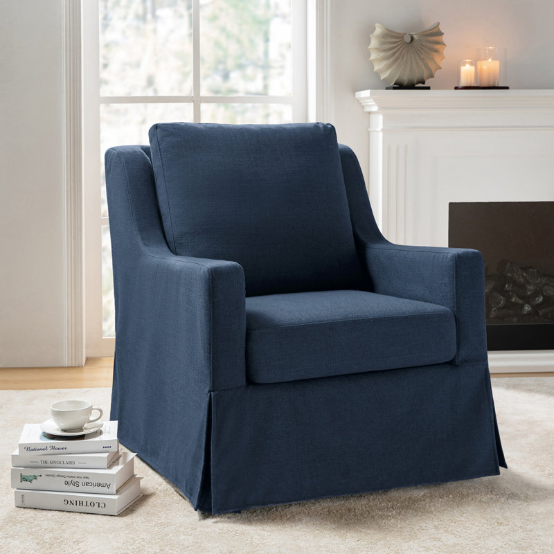 Wimberly 29.5" W Slipcovered Swivel Armchair , Navy Polyester