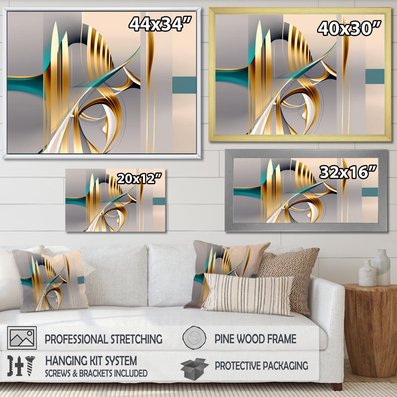 «Minimal Gold Abstraction On Turquoise Horizon I», art mural fractales, H 16 po x l 32 po x P 1 po, Cadre simple noir