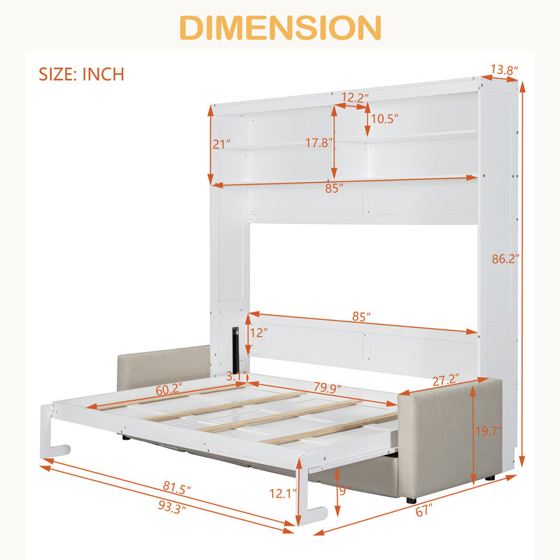 Queen Size Murphy Bed Wall Bed With Sofa, White