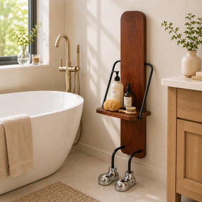 Tablette de rangement pliable pour salle de bain, organisateur de salle de bain en bois peu encombrant avec support en métal, tablette de spa autoportante pour serviettes, articles de toilette et décor