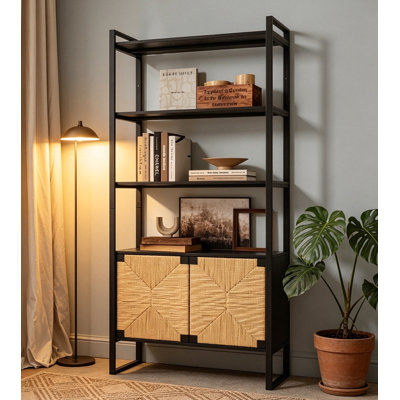 Multifunctional Handcrafted Natural Rattan Bookshelf Cabinet, Mix Open & Hidden Storage, Space-Saving Organizer for Small Apartment Bedroom Hall