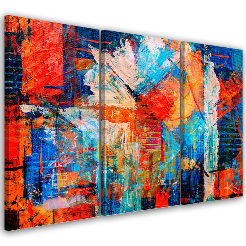 Colourful, Hand -Painted Abstract 3D Image - 3 Piece No Frame Print on Canvas, 100cm H x 150cm W