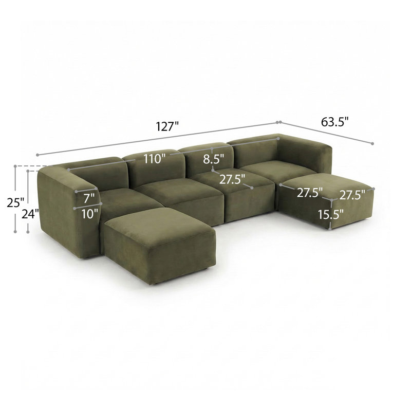 Canapé d'angle modulaire surdimensionné en forme de U, assise profonde, revêtement en velours performant et deux poufs
