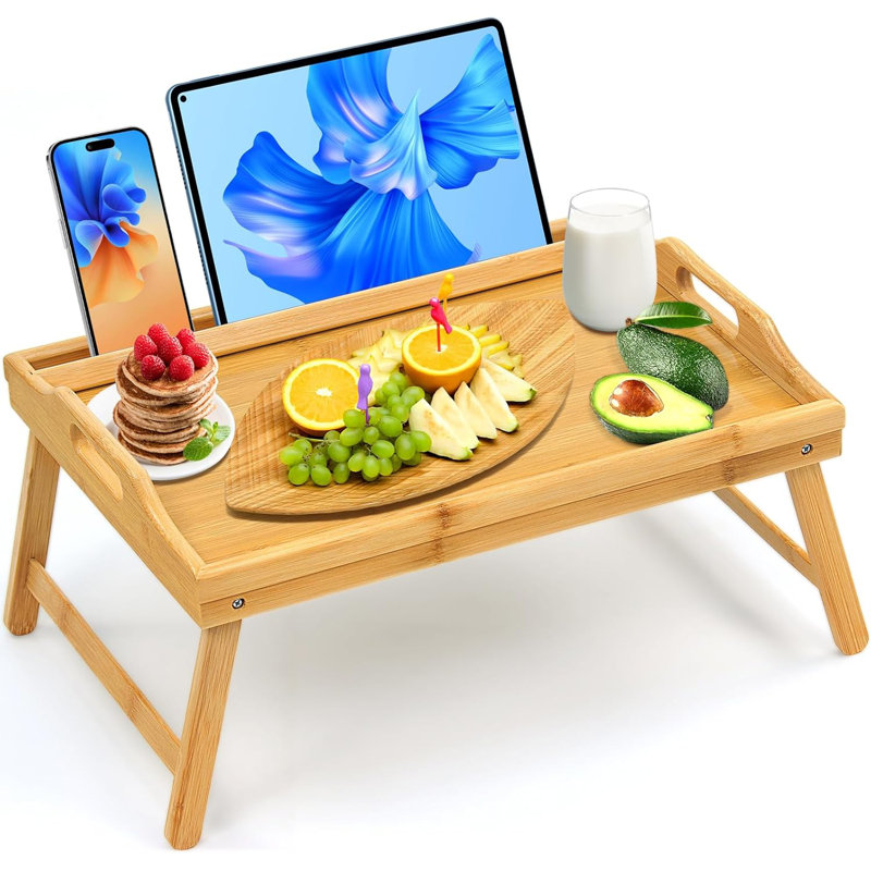 Plateau de lit en bambou avec fente média - Table de service pliante avec poignées