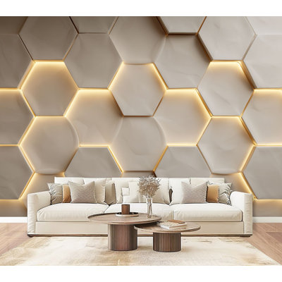Futuristic 3D Peel and Stick Wallpaper Futuristic Hexagonal Wall Panels Warm Golden Glow Minimalist Wall Murals 69"H x 96"W Removable PVC Wall Paper Self-Adhesive Wall Decor for Bedroom Living Room Home Office