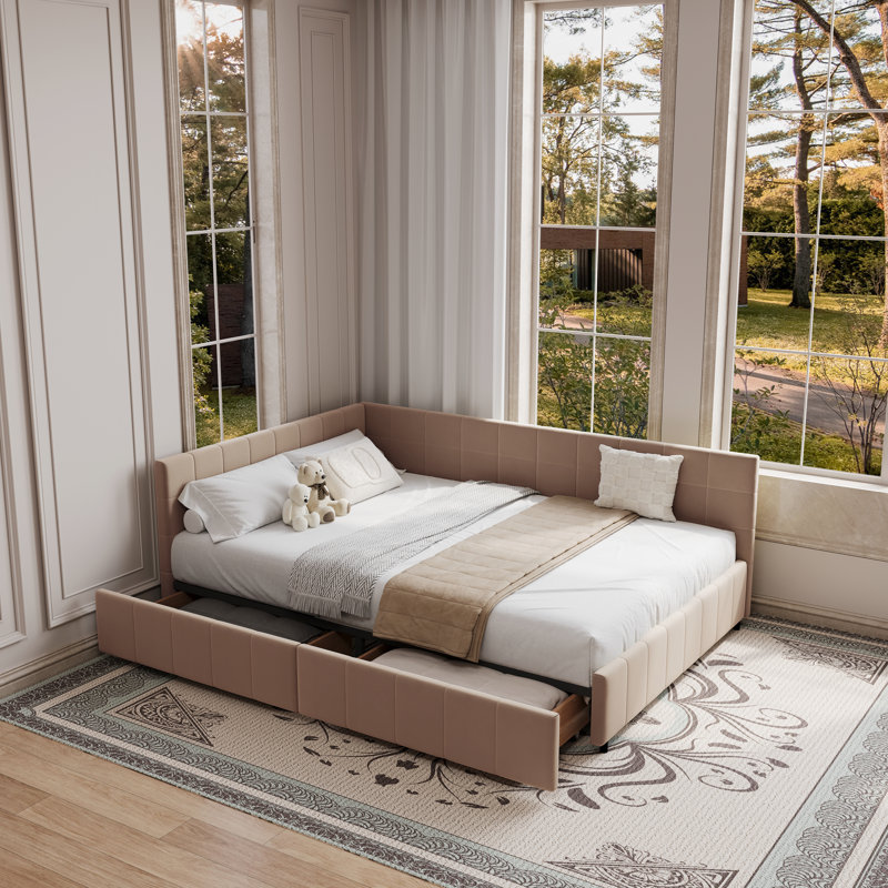 Upholstered Daybed With Backrest, Reversible Armrests, And Storage Drawers, Full, Pink