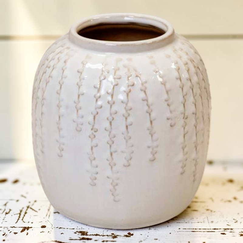 Small Cream Ceramic Ribbed Vase, 18cm H x 18cm W x 18cm D