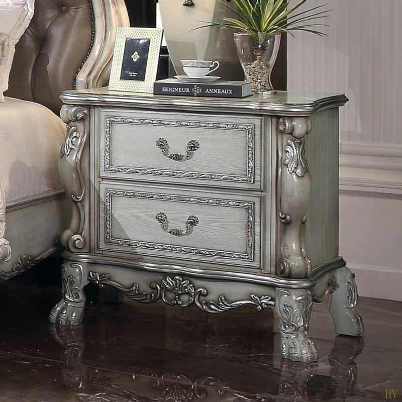 Traditional Elegant Nightstand With 2 Drawers Vintage Bone Wooden Luxury Bedroom Furniture 1Pc, White