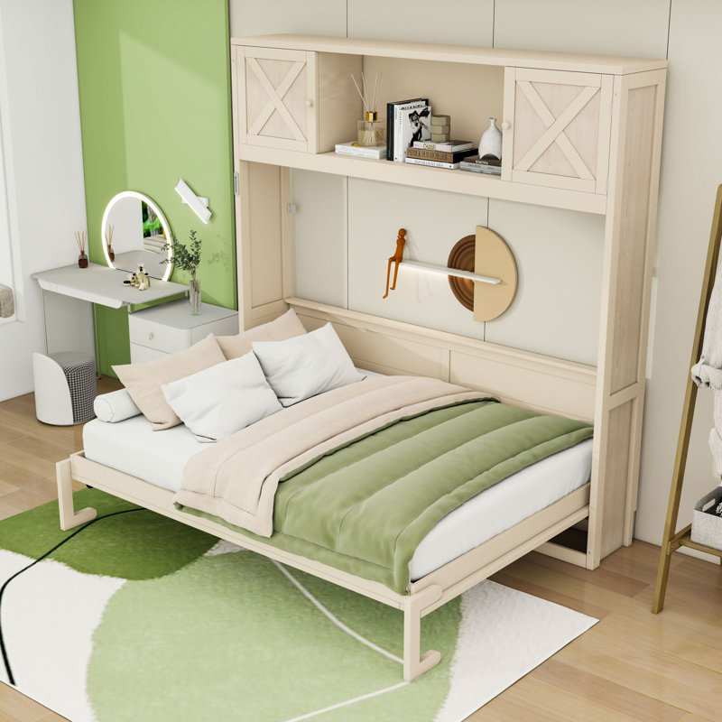 Grand lit escamotable avec tablettes de rangement, Beige