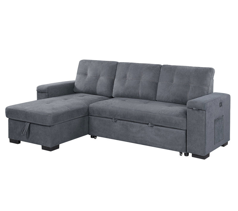 95"W Gray Woven Fabric Reversible Sleeper Sectional Sofa With Storage Chaise Cup Holder Charging Ports And Pockets