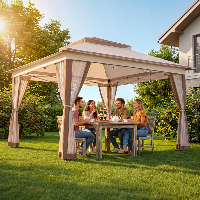 Tente de jardin pliable instantanée de 3,35 m x 3,35 m avec moustiquaire, 11 pi. X 11 pi, Beige et brun
